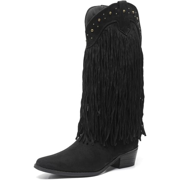 Women's Blacktassels Cowboy Boots Pointed Toe Cowgirl Knee High Boot With Zipper - Picture 1 of 8